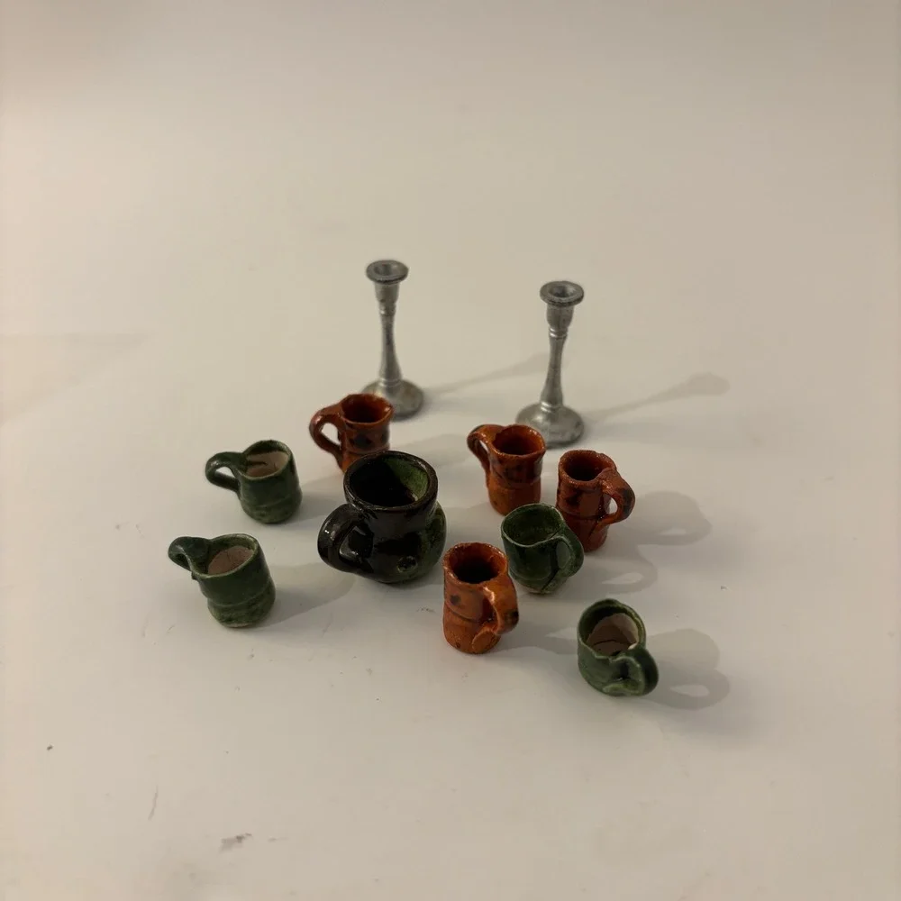VTG Dollhouse Miniature Glazed Redware Pottery Mugs Pitcher Candlesticks Lot